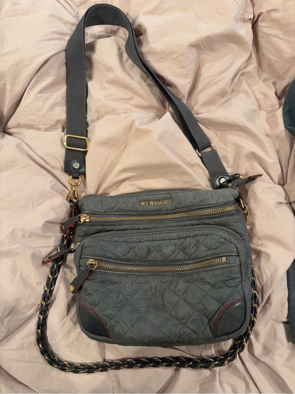 MZ Wallace Quilted Crossbody Bag in Gray with Gold Hardware